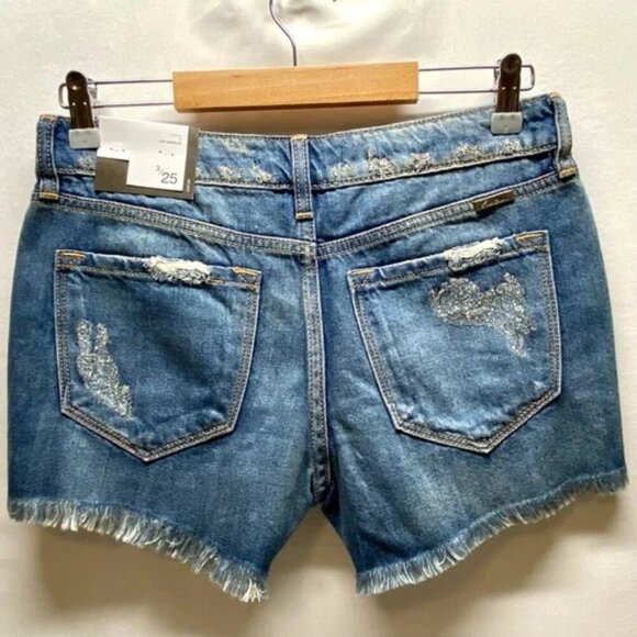 Kancan Women's 3/25 Jean Shorts Blue Super Distressed High Rise Denim NWT - Picture 2 of 14